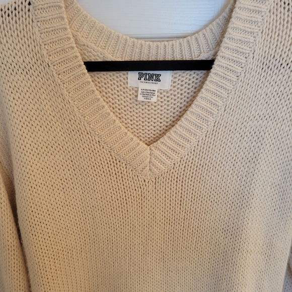 PINK Cream Colored V-Neck Sweater - Picture 2 of 5